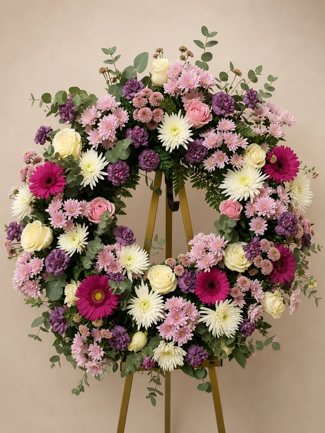 Corona floral en tonos rosas